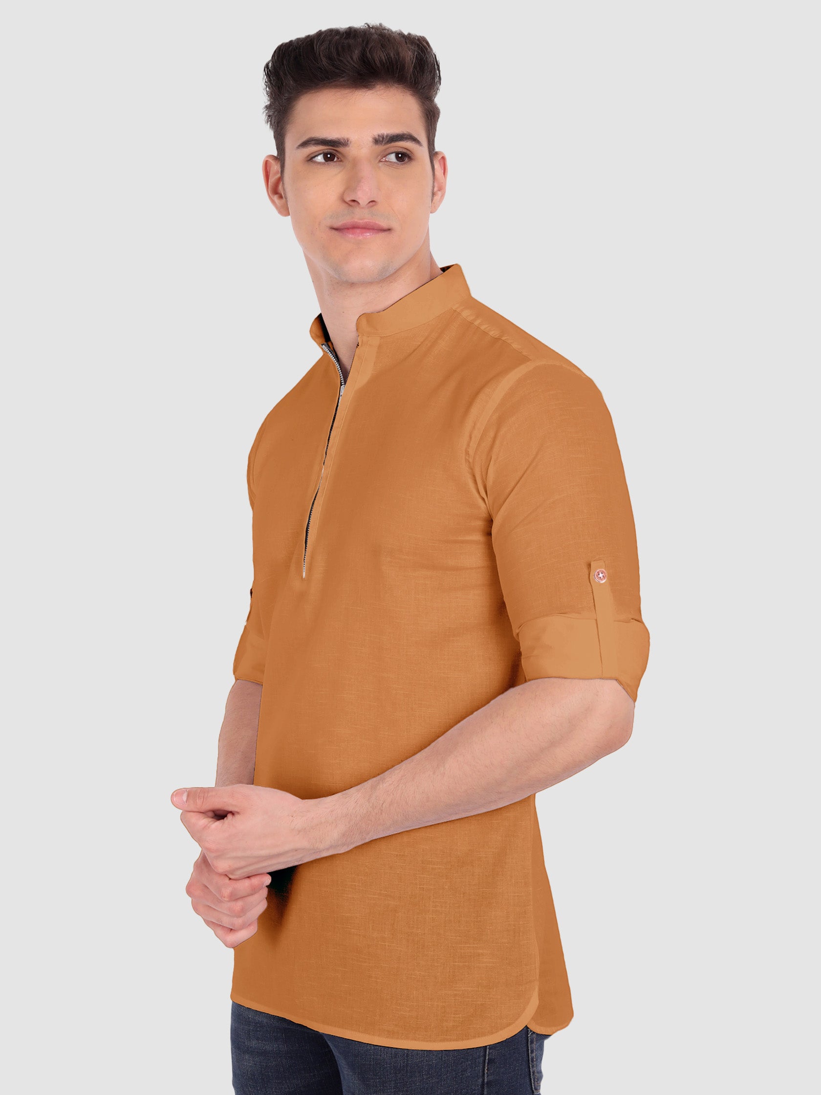 BLUE ROBED Mens Casual ZIP Style Full Sleeve Cotton Kurta - Gold Secondary image
