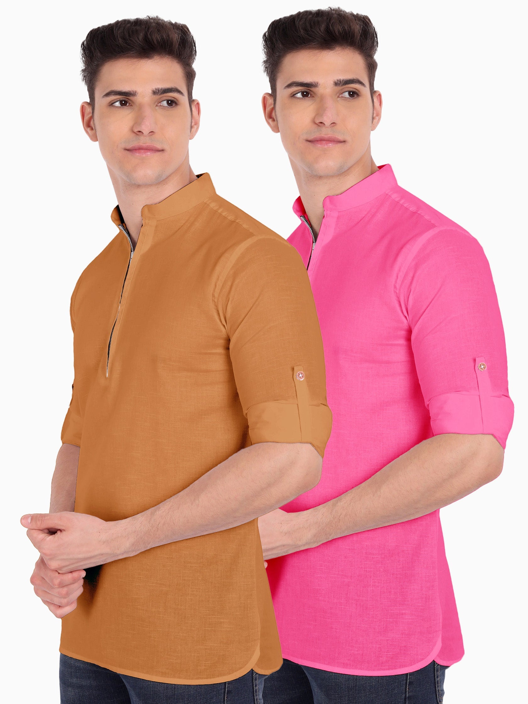 BLUE ROBED men's Casual ZIP Style Full Sleeve Cotton Kurta (Pack 2) in Golden view 4
