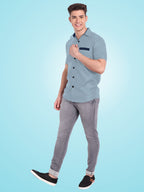 Men's Casual Half Sleeve Silver Button Shirt in Black by BLUE ROBED, fit view