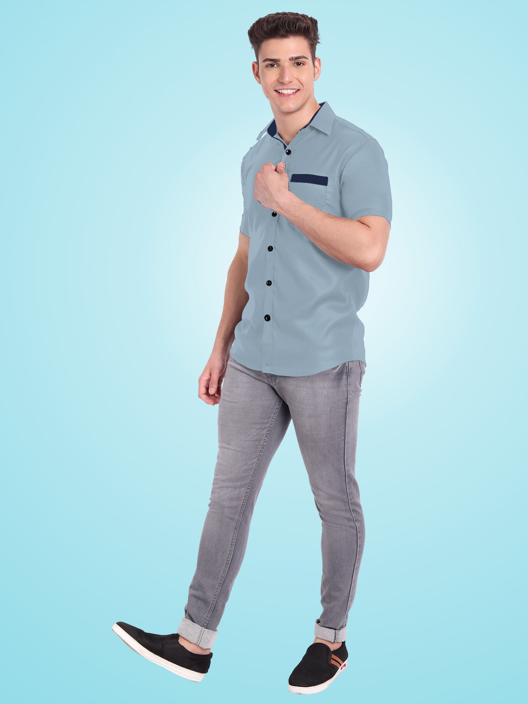 Men's Casual Half Sleeve Silver Button Shirt in Black by BLUE ROBED, fit view