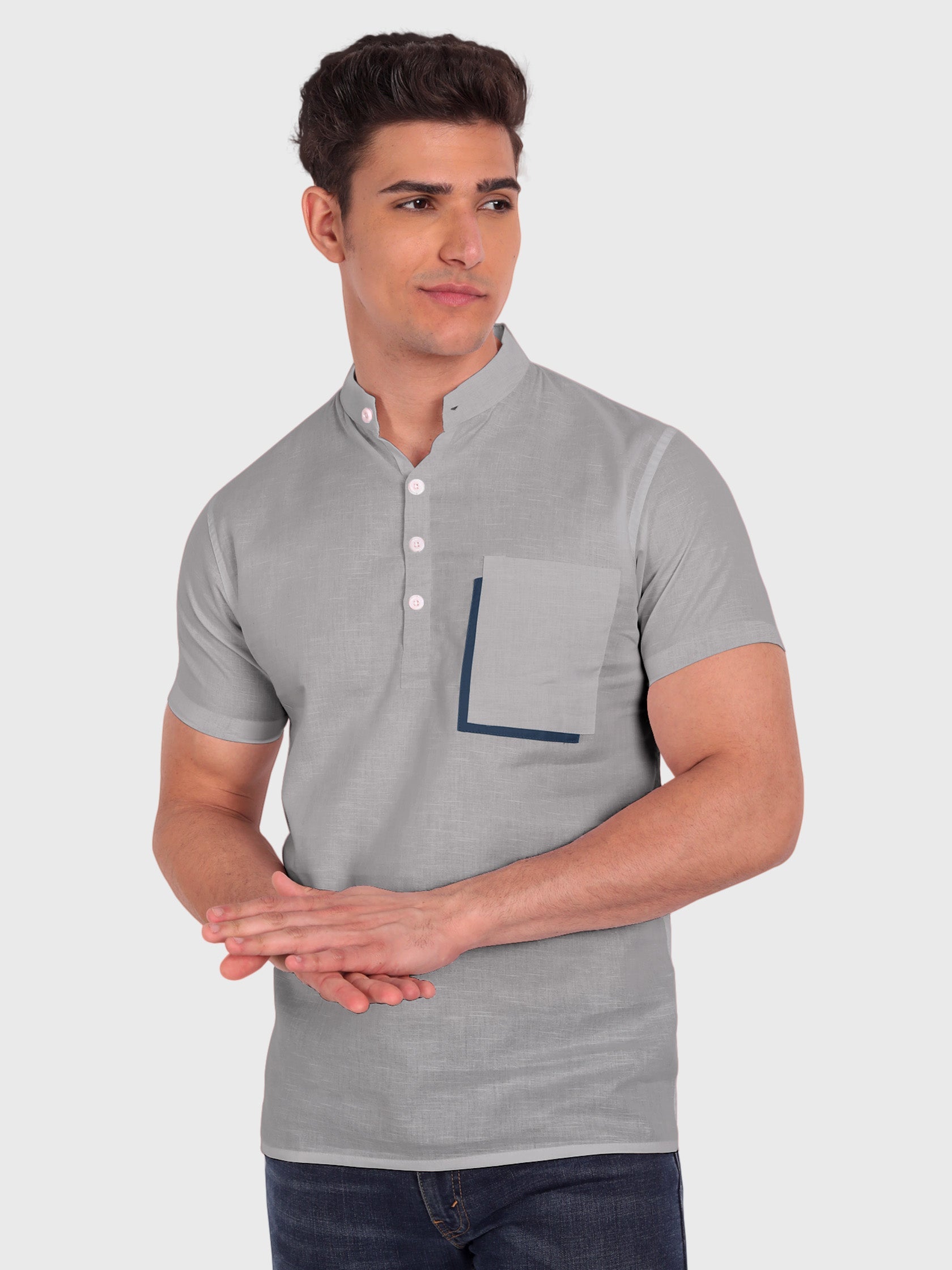 BLUE ROBED men's Casual Half Sleeve Slim Fit Kurta in Grey view 16