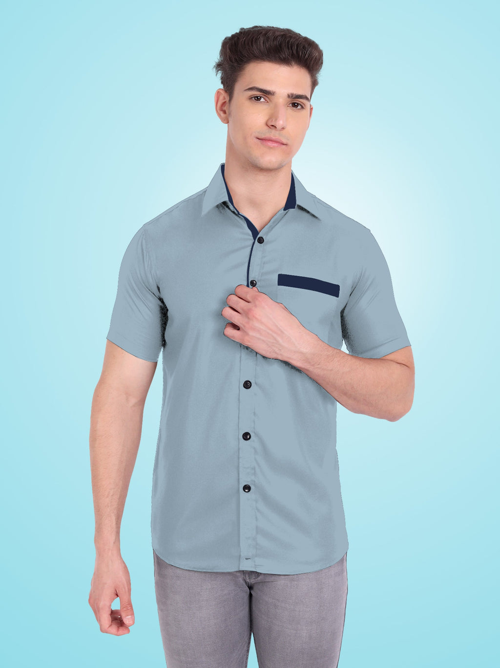 Men's Casual Half Sleeve Silver Button Shirt in Black by BLUE ROBED, fabric detail