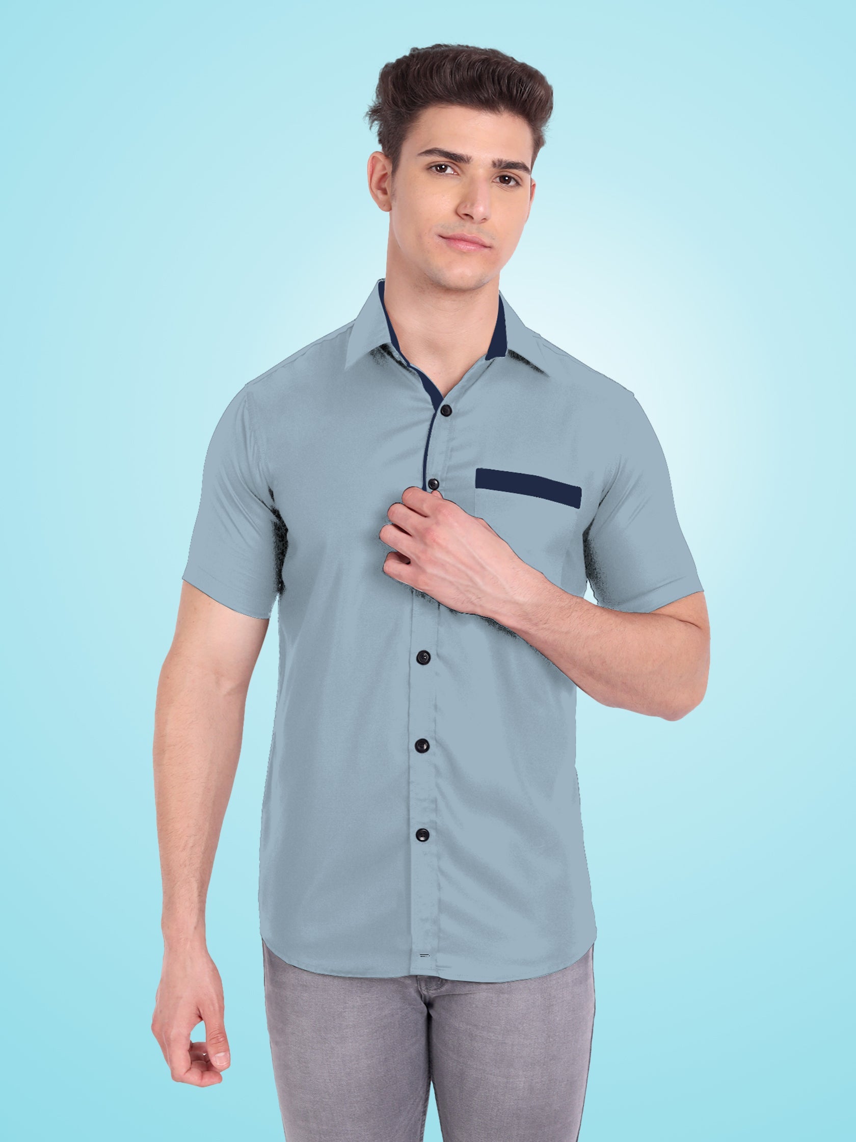 Men's Casual Half Sleeve Silver Button Shirt in Black by BLUE ROBED, fabric detail
