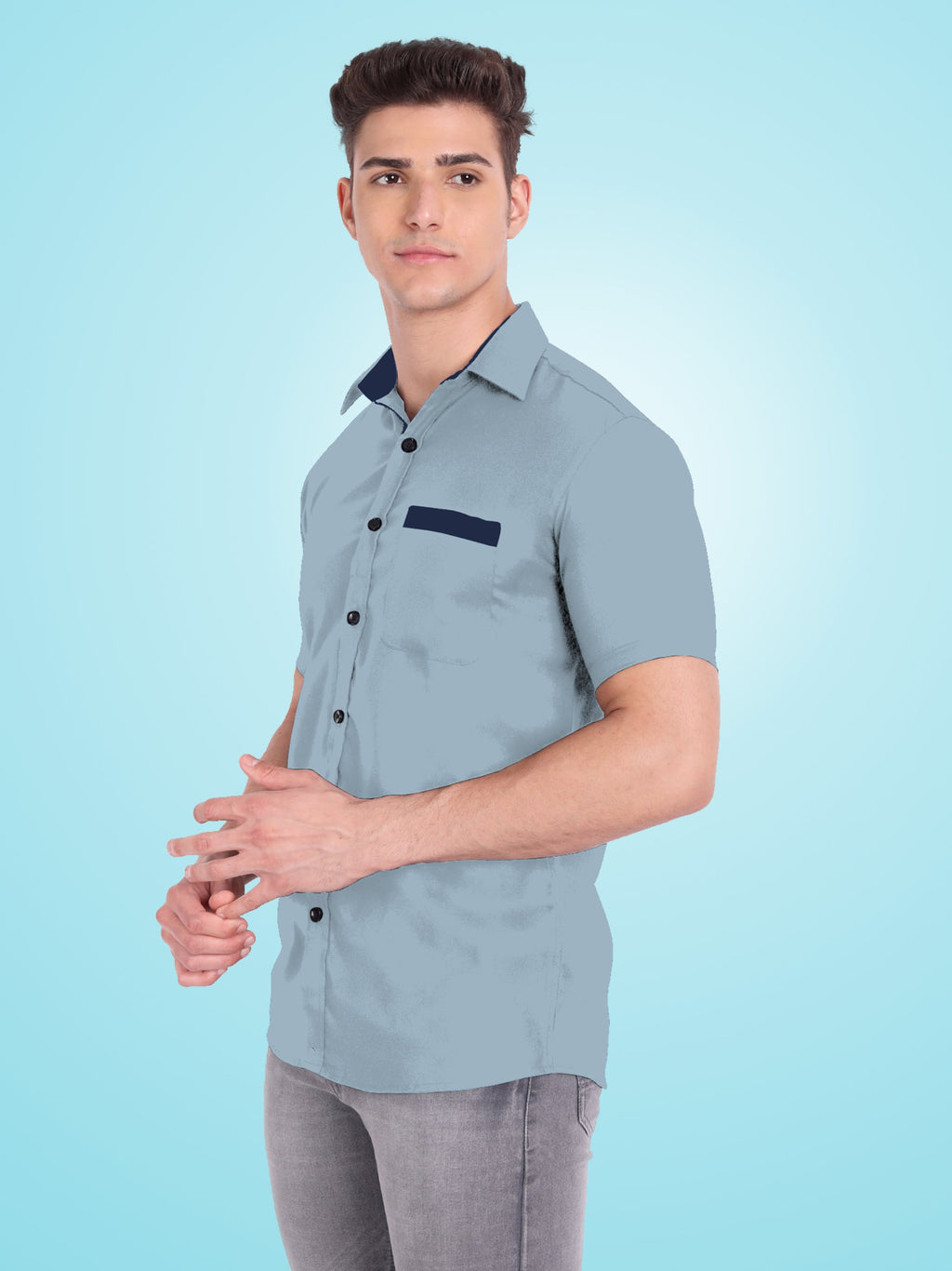 Men's Casual Half Sleeve Silver Button Shirt in Black by BLUE ROBED, front view
