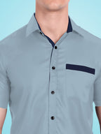 Men's Casual Half Sleeve Silver Button Shirt in Black by BLUE ROBED, back view