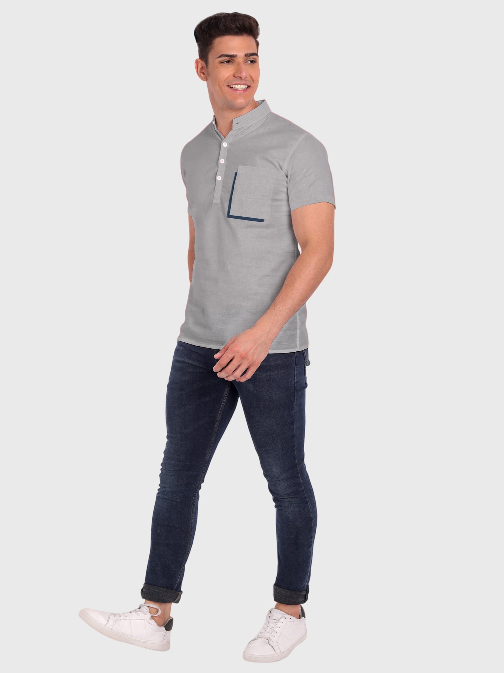 BLUE ROBED men's Casual Half Sleeve Slim Fit Kurta in Grey view 20