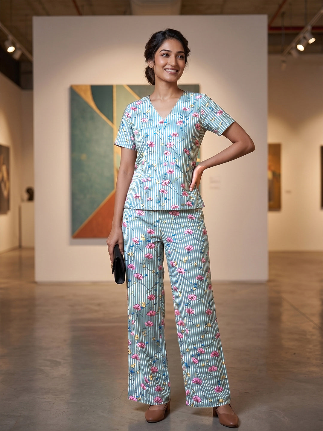 Women's Floral Printed Linen Cotton Night Suit Co-ord Set | Half Sleeve Top & Full-Length Pyjama | Soft & Breathable Sleepwear Main image