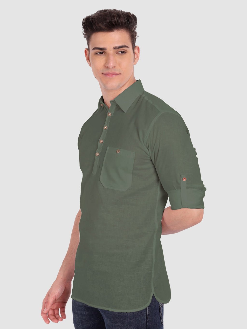 BLUE ROBED men's Full Sleeve Casual Cotton Kurta in Green style A view 11