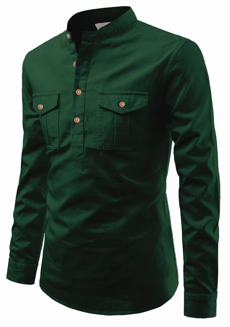 BLUE ROBED men's Casual Slim Fit Full Sleeve Double Pocket Cotton Kurta in Green view 29