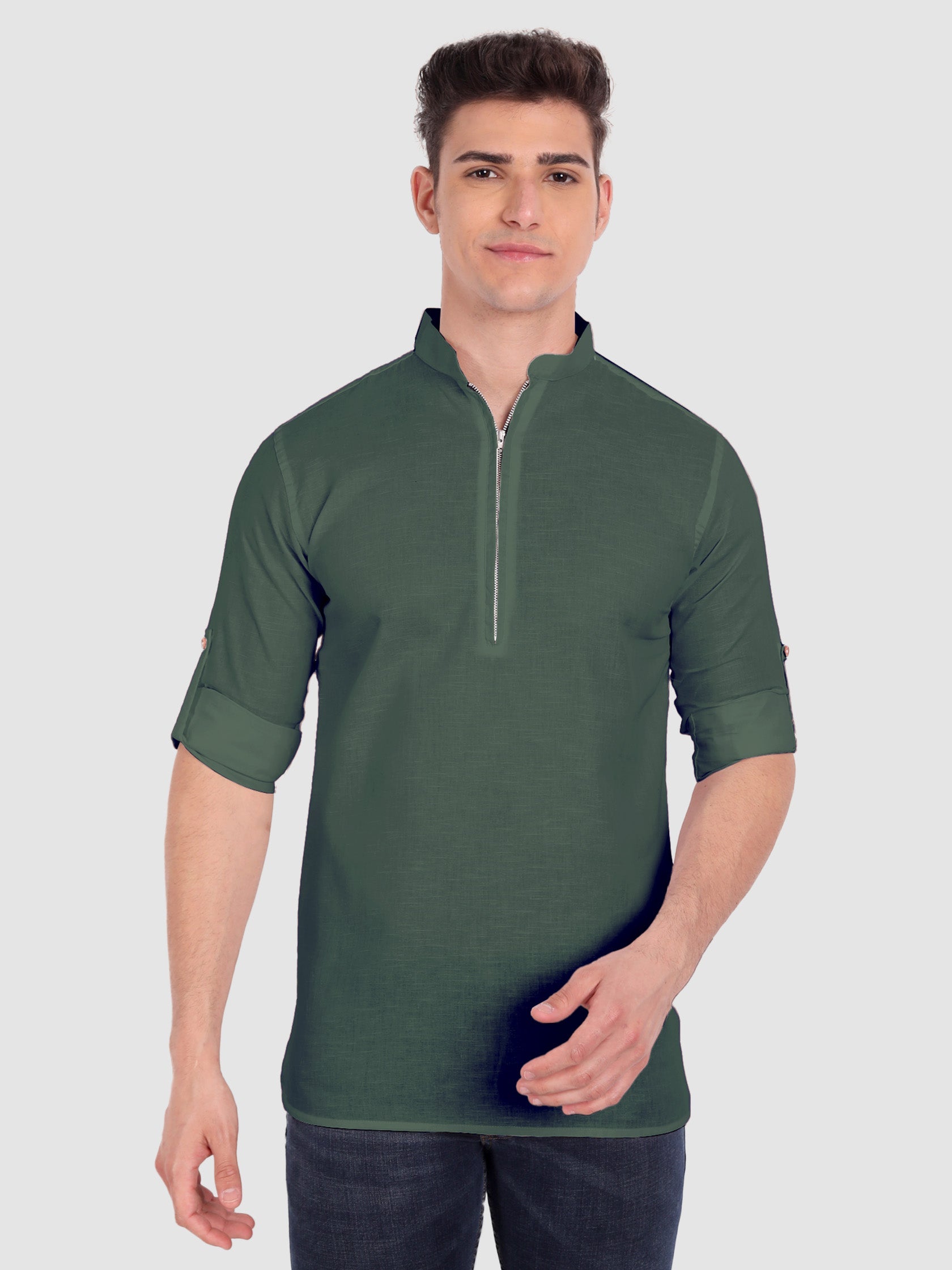 BLUE ROBED men's Casual ZIP Style Full Sleeve Cotton Kurta in Green view 11