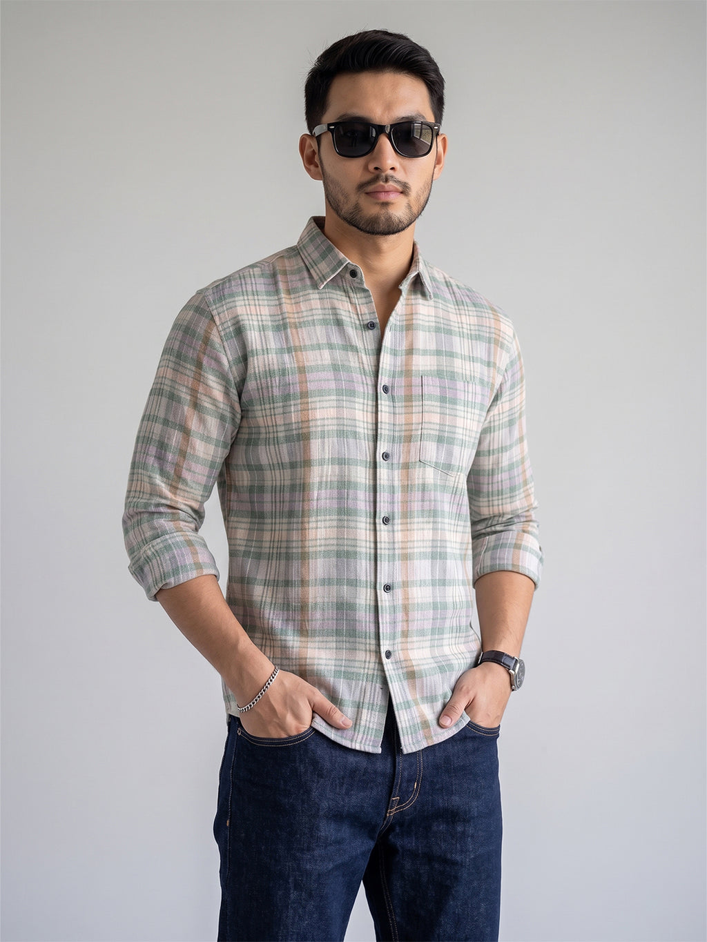 Men’s Pure Cotton Green & Pink Checked Full-Sleeve Casual Shirt