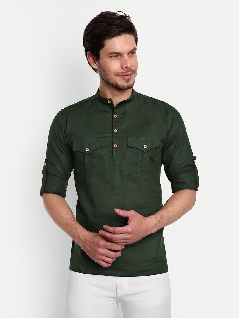 BLUE ROBED men's Casual Slim Fit Full Sleeve Double Pocket Cotton Trendy Kurta in Green view 43