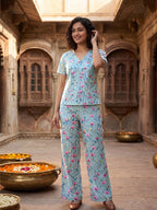 Women's Floral Printed Linen Cotton Night Suit Co-ord Set | Half Sleeve Top & Full-Length Pyjama | Soft & Breathable Sleepwear