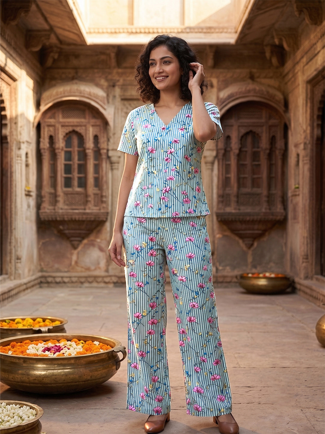 Women's Floral Printed Linen Cotton Night Suit Co-ord Set | Half Sleeve Top & Full-Length Pyjama | Soft & Breathable Sleepwear
