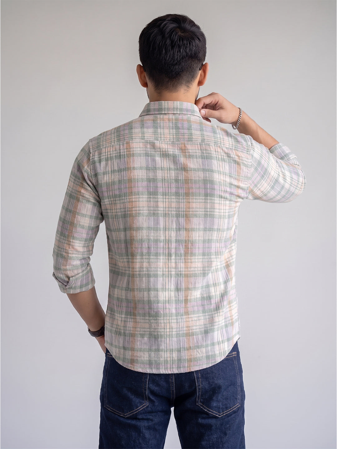 Men’s Pure Cotton Green & Pink Checked Full-Sleeve Casual Shirt Secondary image