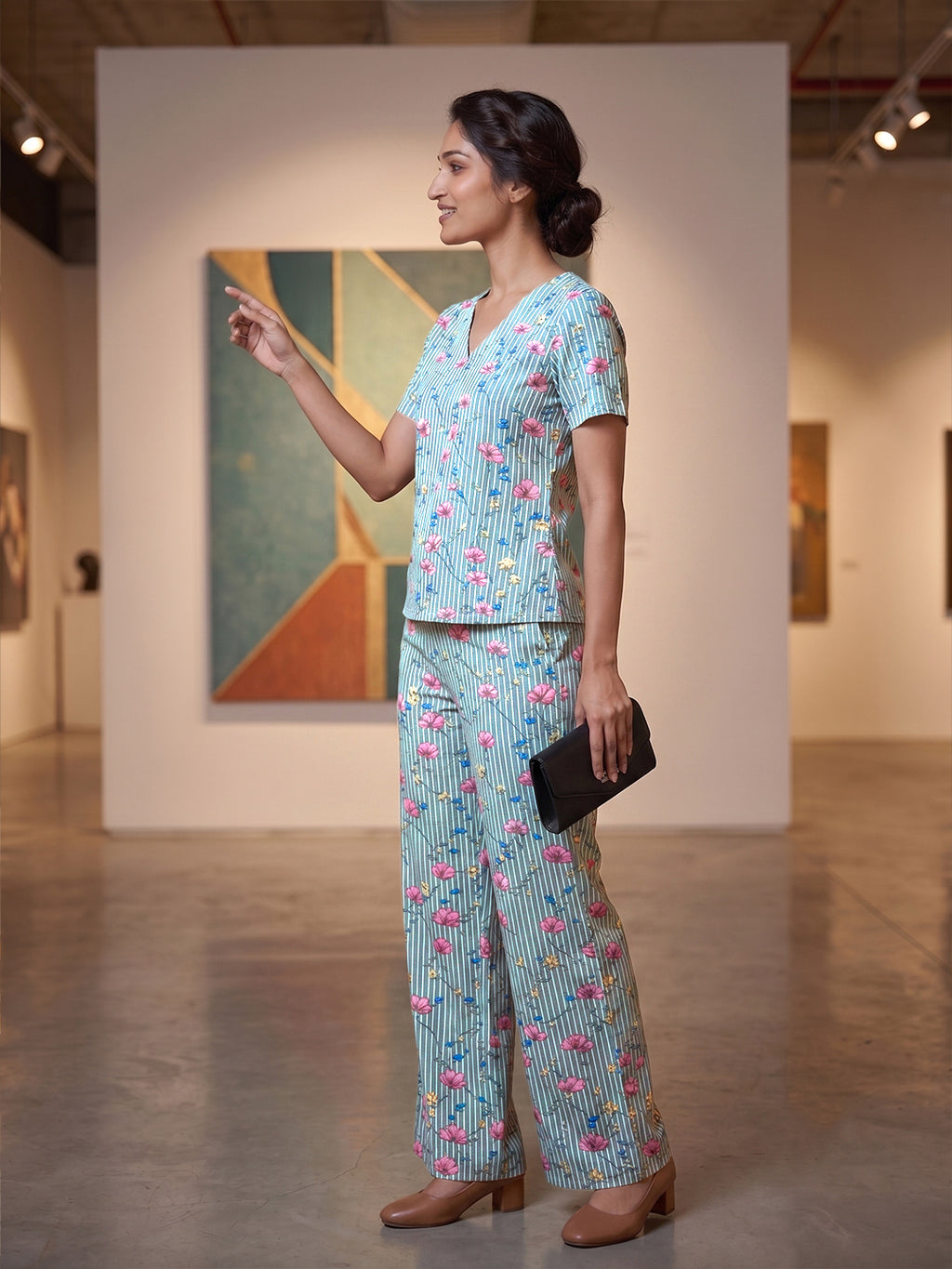 Women's Floral Printed Linen Cotton Night Suit Co-ord Set | Half Sleeve Top & Full-Length Pyjama | Soft & Breathable Sleepwear