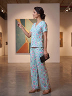 Women's Floral Printed Linen Cotton Night Suit Co-ord Set | Half Sleeve Top & Full-Length Pyjama | Soft & Breathable Sleepwear