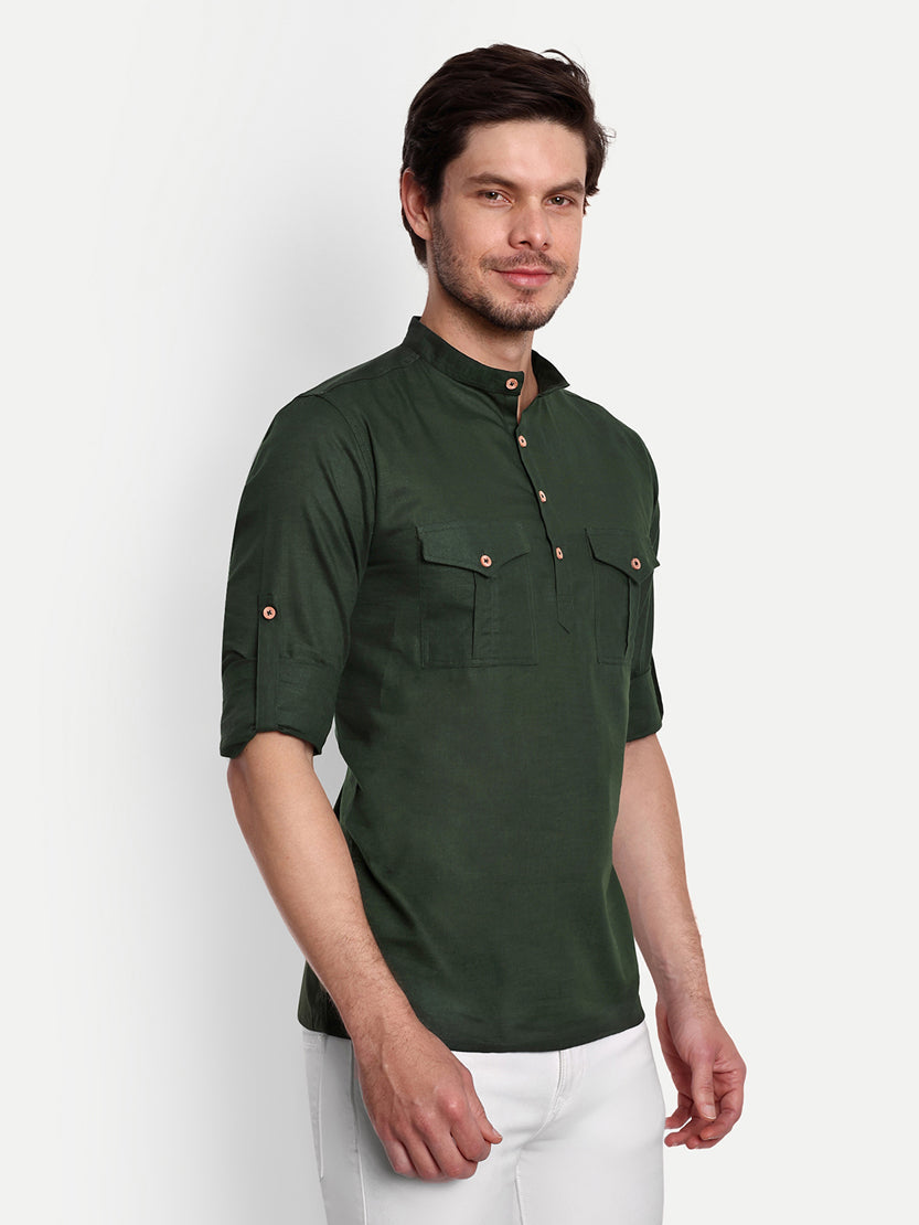 BLUE ROBED men's Casual Slim Fit Full Sleeve Double Pocket Cotton Trendy Kurta in Green view 44