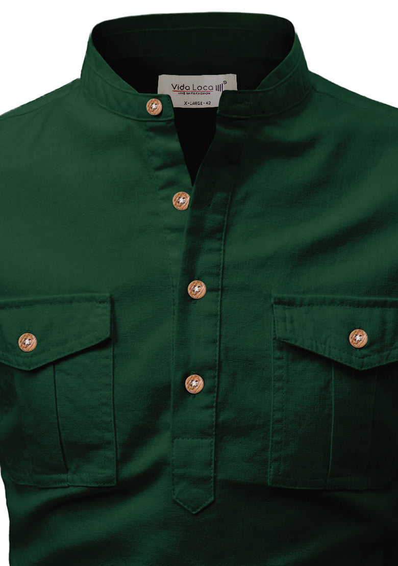 BLUE ROBED men's Casual Slim Fit Full Sleeve Double Pocket Cotton Kurta in Green view 31