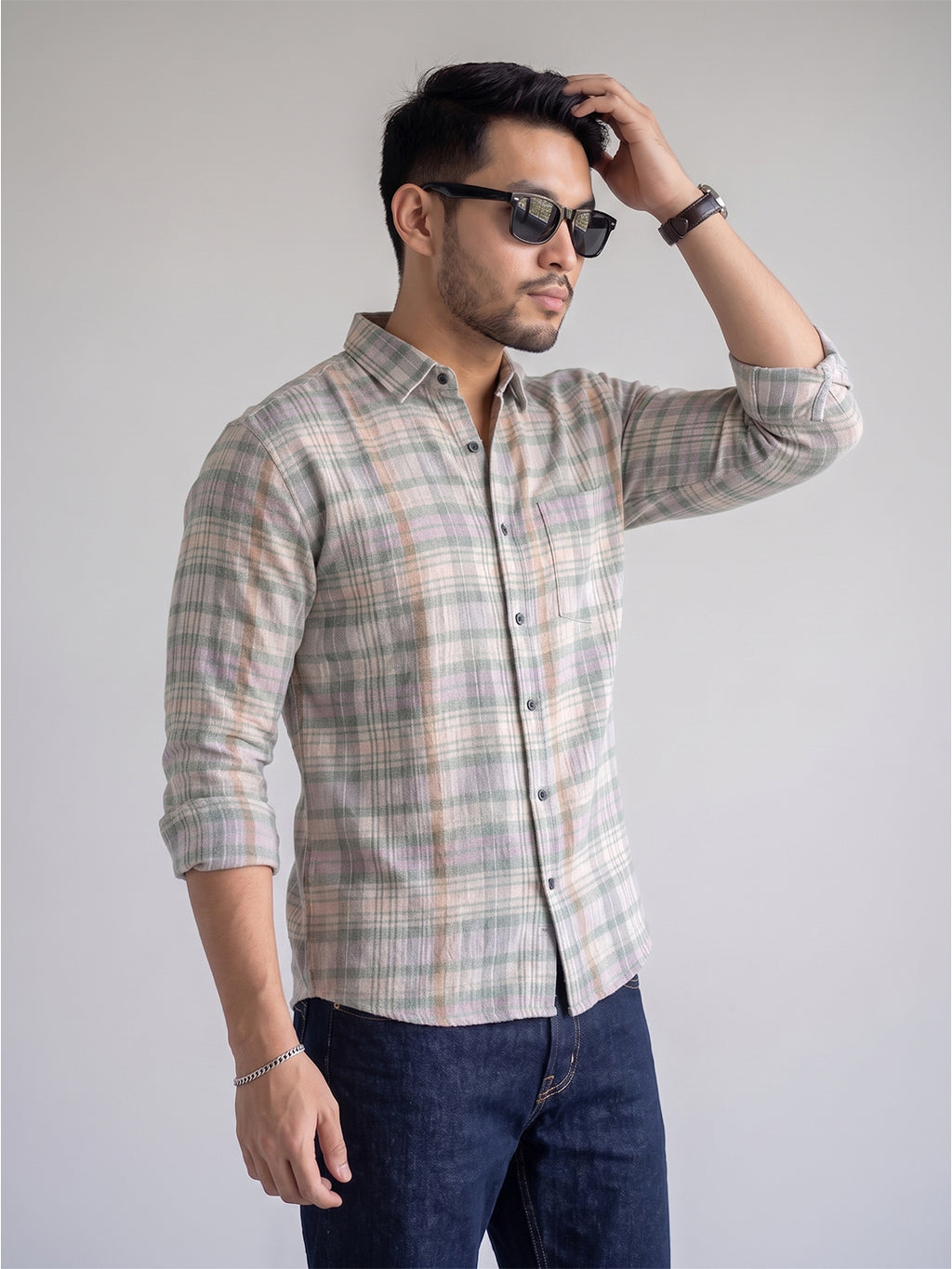 Men’s Pure Cotton Green & Pink Checked Full-Sleeve Casual Shirt