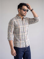 Men’s Pure Cotton Green & Pink Checked Full-Sleeve Casual Shirt