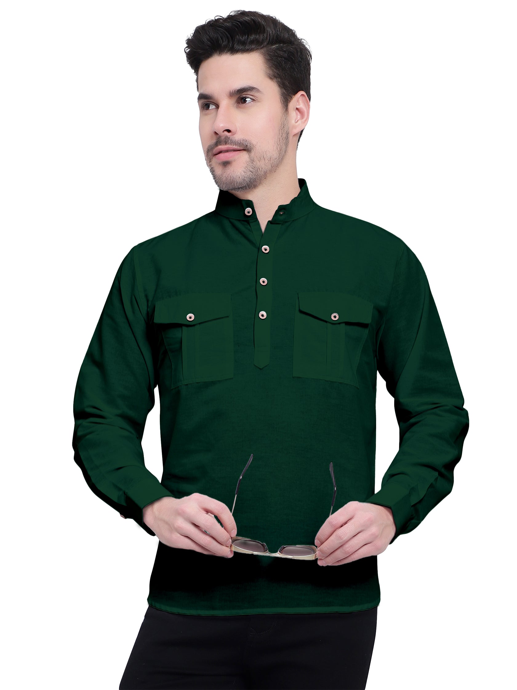BLUE ROBED men's Casual Slim Fit Full Sleeve Double Pocket Cotton Kurta in Green view 36