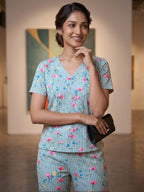 Women's Floral Printed Linen Cotton Night Suit Co-ord Set | Half Sleeve Top & Full-Length Pyjama | Soft & Breathable Sleepwear