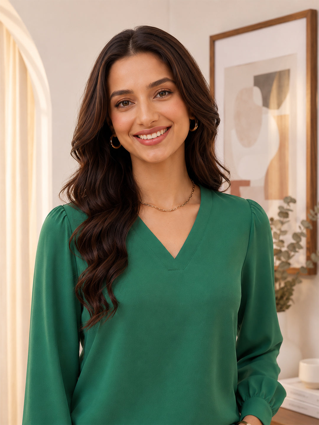 Women’s Crepe Formal Top | Elegant V-Neck Office Wear Blouse