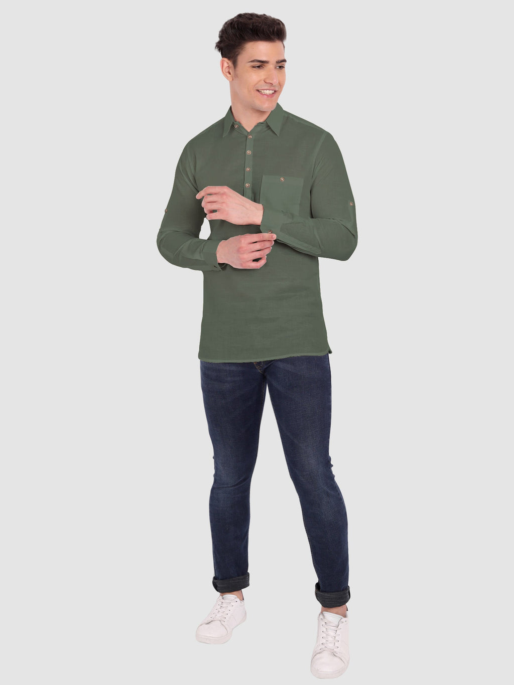 BLUE ROBED men's Full Sleeve Casual Cotton Kurta in Green style A view 14