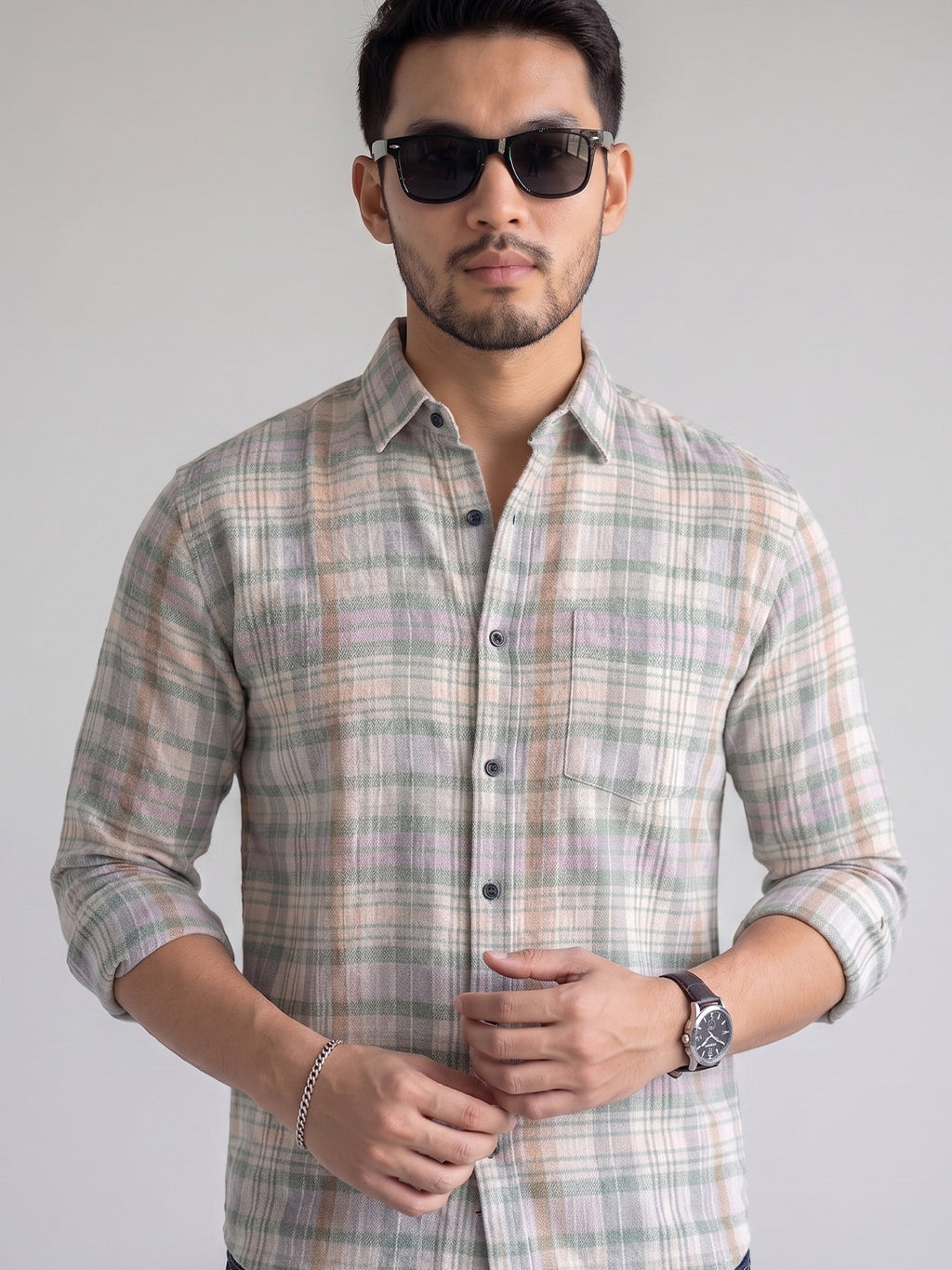 Men’s Pure Cotton Green & Pink Checked Full-Sleeve Casual Shirt