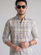Men’s Pure Cotton Green & Pink Checked Full-Sleeve Casual Shirt