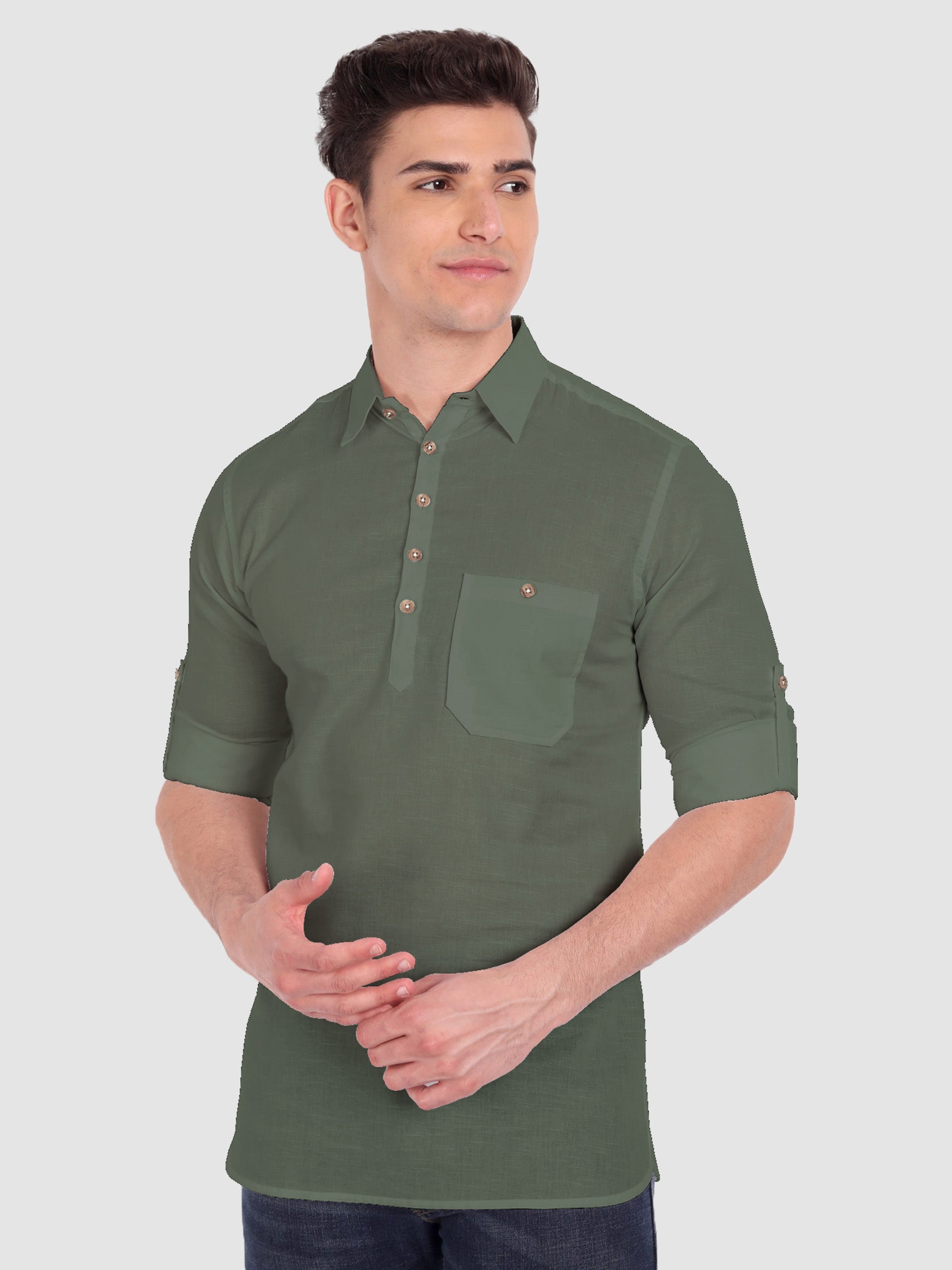 BLUE ROBED men's Full Sleeve Casual Cotton Kurta in Green style A view 15