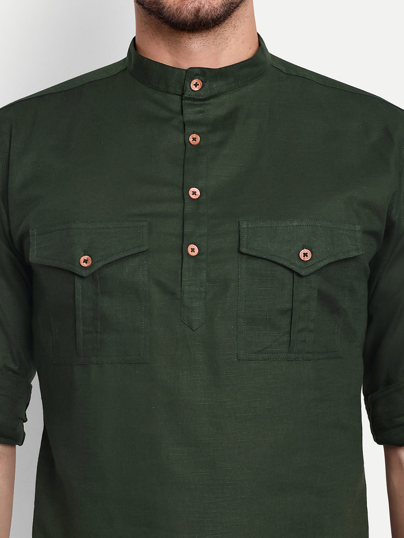 BLUE ROBED men's Casual Slim Fit Full Sleeve Double Pocket Cotton Trendy Kurta in Green view 46
