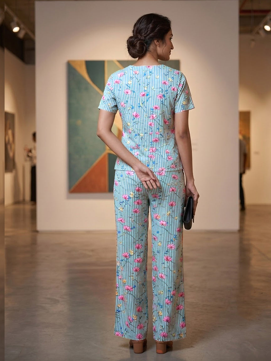 Women's Floral Printed Linen Cotton Night Suit Co-ord Set | Half Sleeve Top & Full-Length Pyjama | Soft & Breathable Sleepwear