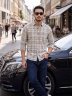 Men’s Pure Cotton Green & Pink Checked Full-Sleeve Casual Shirt