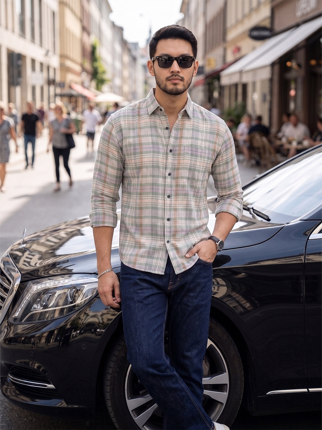 Men’s Pure Cotton Green & Pink Checked Full-Sleeve Casual Shirt