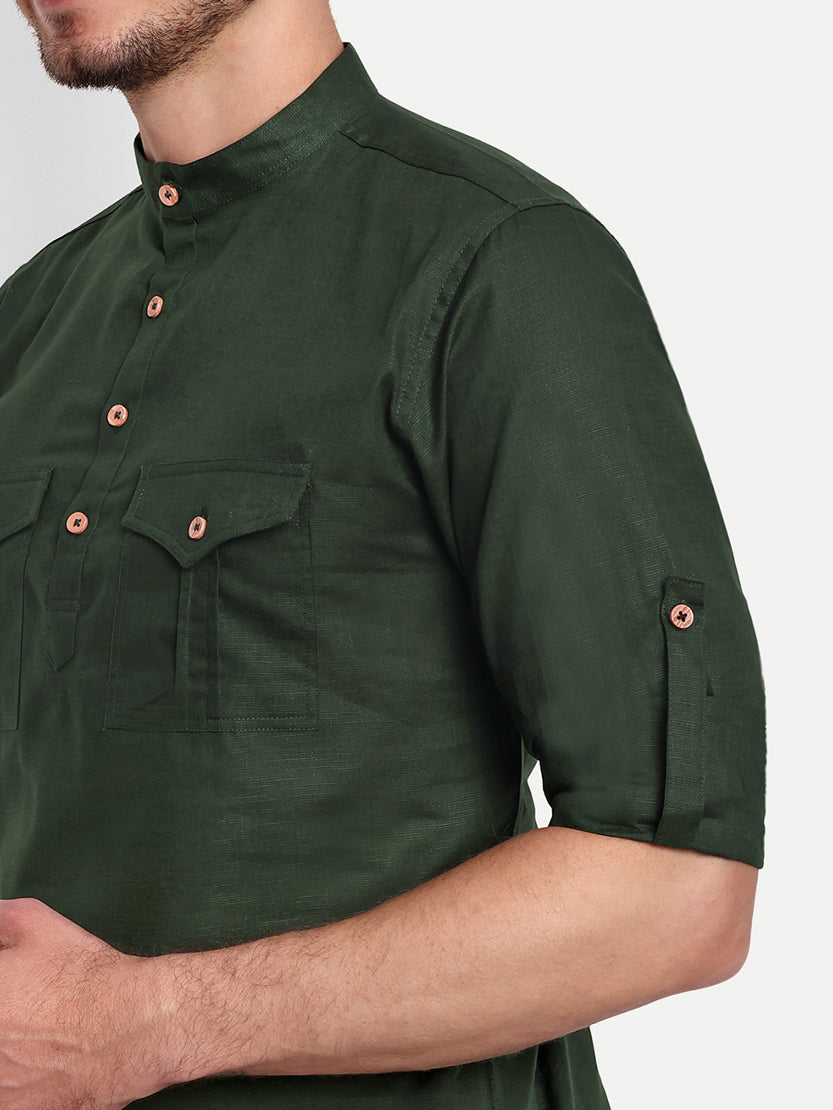 BLUE ROBED men's Casual Slim Fit Full Sleeve Double Pocket Cotton Trendy Kurta in Green view 47