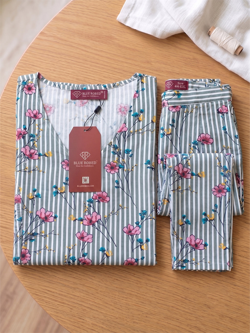 Women's Floral Printed Linen Cotton Night Suit Co-ord Set | Half Sleeve Top & Full-Length Pyjama | Soft & Breathable Sleepwear