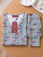 Women's Floral Printed Linen Cotton Night Suit Co-ord Set | Half Sleeve Top & Full-Length Pyjama | Soft & Breathable Sleepwear