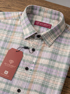 Men’s Pure Cotton Green & Pink Checked Full-Sleeve Casual Shirt