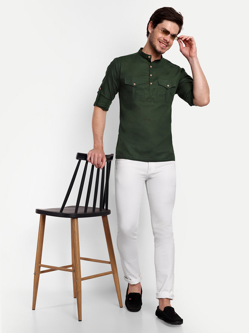 BLUE ROBED men's Casual Slim Fit Full Sleeve Double Pocket Cotton Trendy Kurta in Green view 48