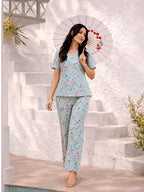 Women's Floral Printed Linen Cotton Night Suit Co-ord Set | Half Sleeve Top & Full-Length Pyjama | Soft & Breathable Sleepwear