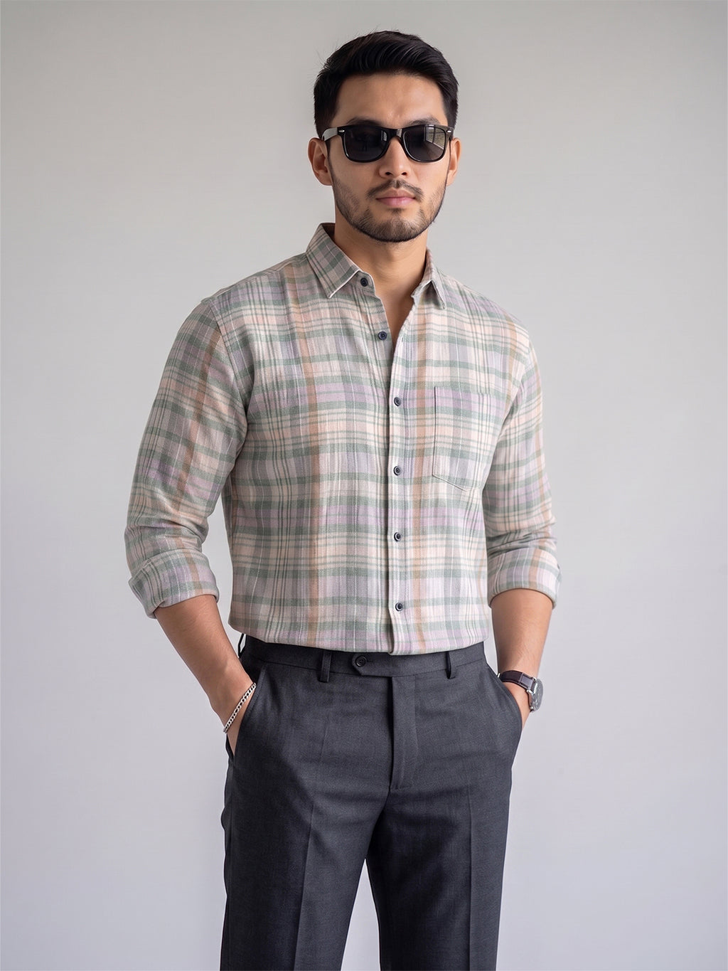 Men’s Pure Cotton Green & Pink Checked Full-Sleeve Casual Shirt