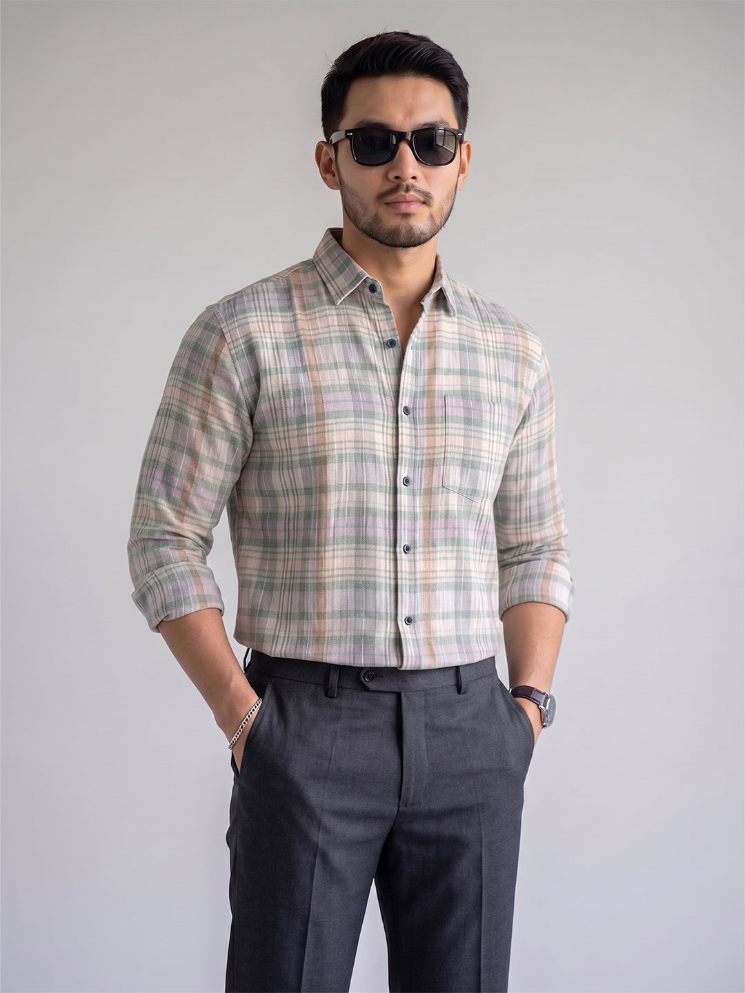 Men’s Pure Cotton Green & Pink Checked Full-Sleeve Casual Shirt