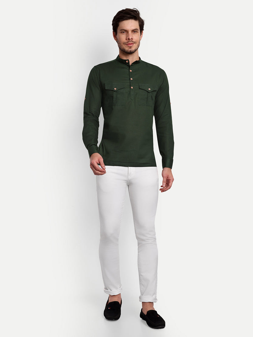 BLUE ROBED men's Casual Slim Fit Full Sleeve Double Pocket Cotton Trendy Kurta in Green view 49