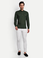 BLUE ROBED men's Casual Slim Fit Full Sleeve Double Pocket Cotton Trendy Kurta in Green view 49