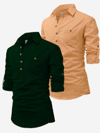 BLUE ROBED men's Casual Slim Fit Full Sleeve Cotton Kurta (Pack 2) in Green