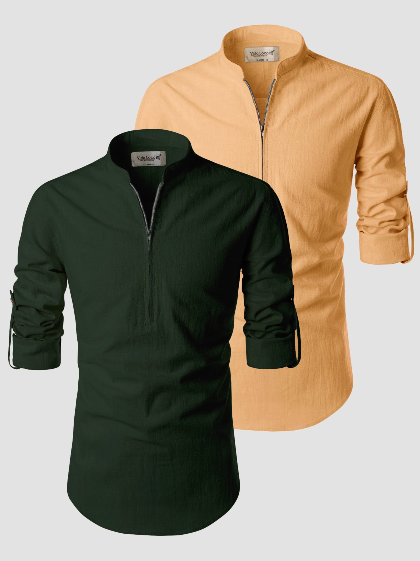 BLUE ROBED men's Casual ZIP Style Full Sleeve Cotton Kurta (Pack 2) in Green