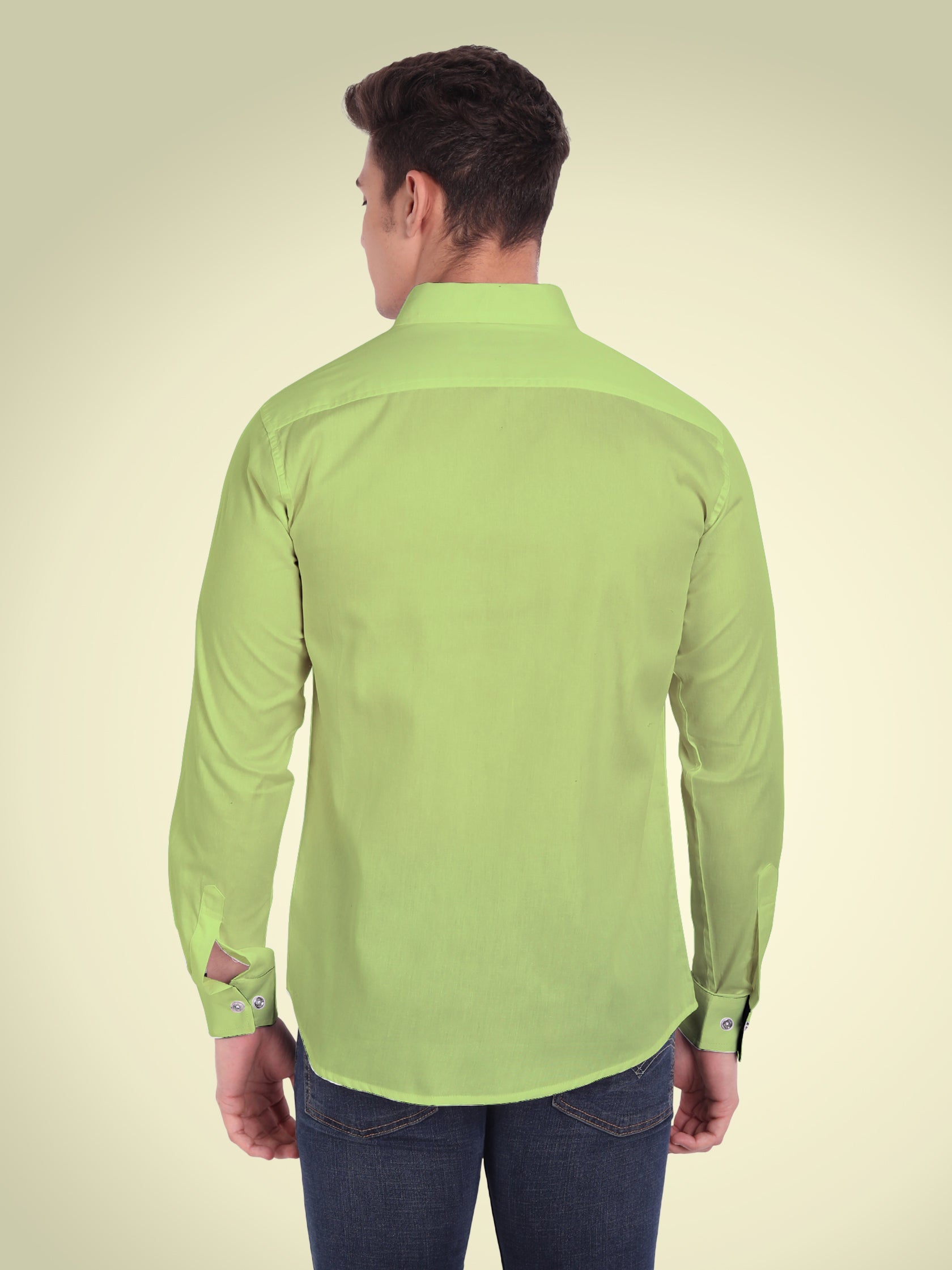 Men's Casual Full Sleeve Silver Button Shirt in White by BLUE ROBED, back view