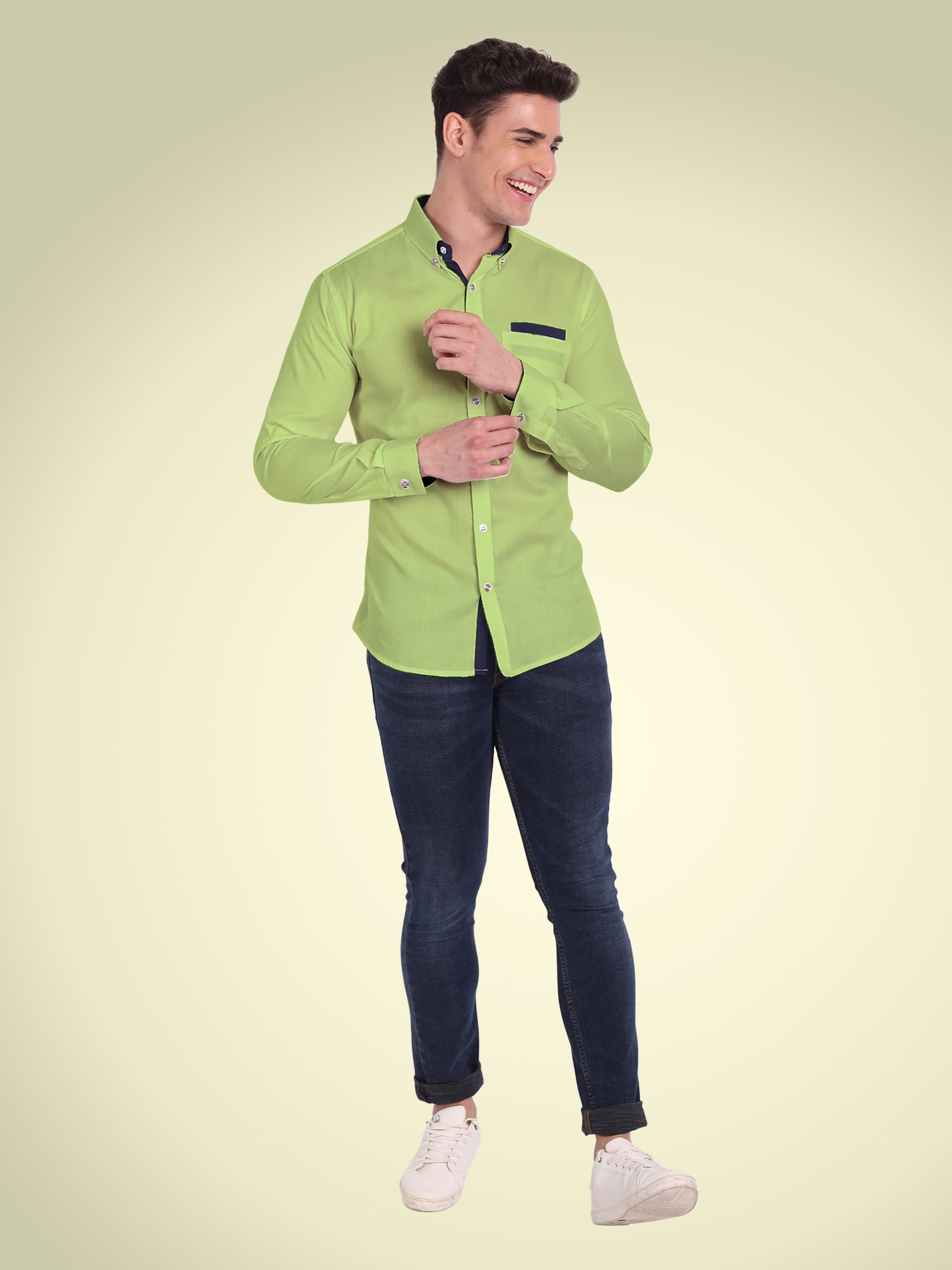 Men's Casual Full Sleeve Silver Button Shirt in White by BLUE ROBED, style view